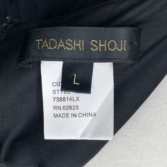 Tadashi Shoji Asymmetric Ruched Draped Black Mesh Sleeve Full Length Gown - Picture 6 of 7